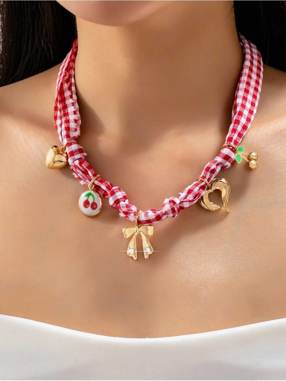 Red Gingham Ribbon Cherry and Bow Charm Necklace with Gold Accents
